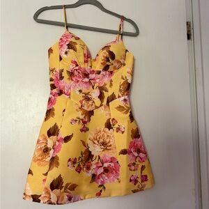 Showpo Yellow Floral Mini Dress Spaghetti Strap Sweetheart